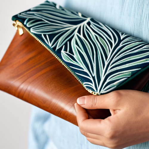 A close-up shot of a meticulously crafted eco-pochette, made from a blend of textured organic cotton and smooth recycled RPET fabric. The pouch features intricate, tasteful embroidery of a delicate leaf motif on one side and a subtle, vibrant pattern printed on the other. It is displayed open, revealing a clean, empty interior, with the high-quality zipper slightly ajar. The background is a soft, diffused natural light studio setting with a clean wooden surface. The focus is on the materials and craftsmanship, highlighting its sustainable origins and elegant design. Professional studio photography, high resolution, soft lighting, sharp focus, natural colors, safe for work, appropriate content, fully clothed, modest clothing, appropriate attire, professional, family-friendly, perfect anatomy, correct proportions, natural pose, well-formed hands, proper finger count, natural body proportions.