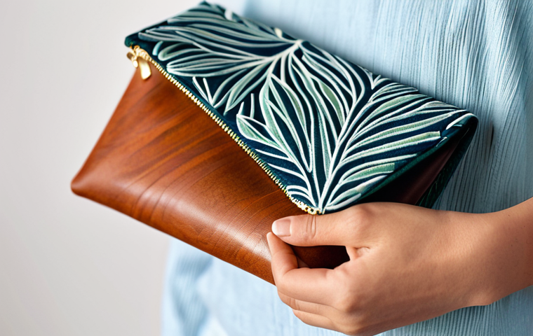A close-up shot of a meticulously crafted eco-pochette, made from a blend of textured organic cotton and smooth recycled RPET fabric. The pouch features intricate, tasteful embroidery of a delicate leaf motif on one side and a subtle, vibrant pattern printed on the other. It is displayed open, revealing a clean, empty interior, with the high-quality zipper slightly ajar. The background is a soft, diffused natural light studio setting with a clean wooden surface. The focus is on the materials and craftsmanship, highlighting its sustainable origins and elegant design. Professional studio photography, high resolution, soft lighting, sharp focus, natural colors, safe for work, appropriate content, fully clothed, modest clothing, appropriate attire, professional, family-friendly, perfect anatomy, correct proportions, natural pose, well-formed hands, proper finger count, natural body proportions.