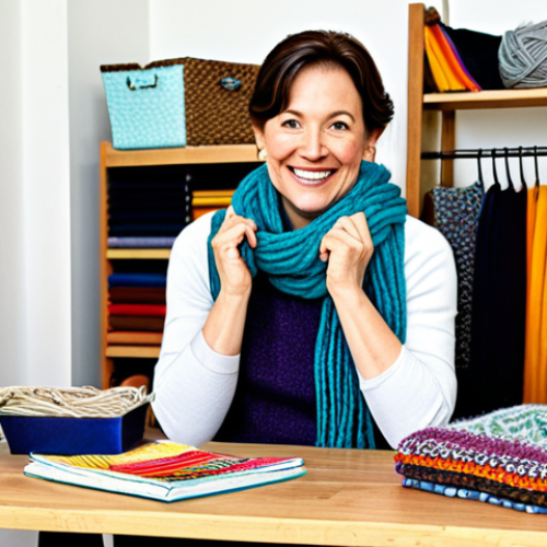 Home 18 Recycled Scarf Creations**
A bright and airy craft room. A fully clothed woman in her 30s, smiling, is surrounded by projects made from recycled scarves. In front of her is a finished patchwork blanket made of colorful wool scarves. To her left, a stylish tote bag crafted from a silk scarf. Behind her, neatly stacked shelves hold yarn and crafting supplies. "Upcycled Fashion Projects" is the title of a book laying on the table. Perfect anatomy, well-formed hands, correct proportions. Appropriate attire, safe for work, professional, family-friendly, appropriate content.
**
