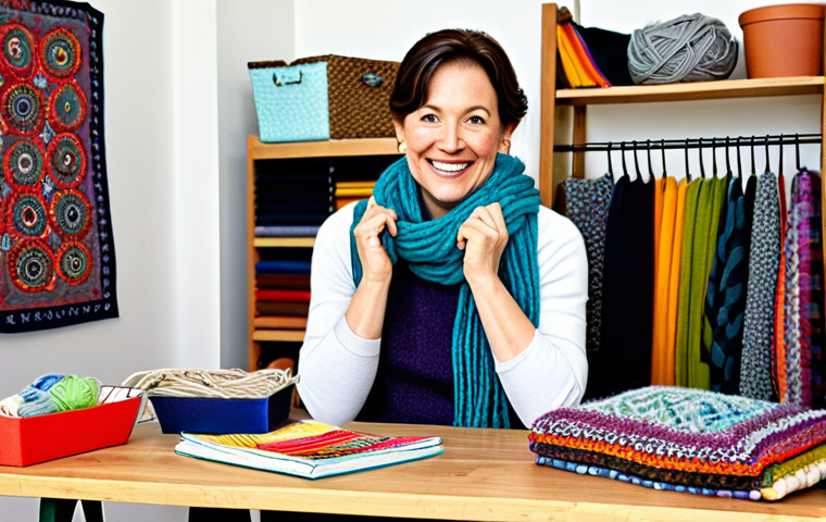 Recycled Scarf Creations**
A bright and airy craft room. A fully clothed woman in her 30s, smiling, is surrounded by projects made from recycled scarves. In front of her is a finished patchwork blanket made of colorful wool scarves. To her left, a stylish tote bag crafted from a silk scarf. Behind her, neatly stacked shelves hold yarn and crafting supplies. "Upcycled Fashion Projects" is the title of a book laying on the table. Perfect anatomy, well-formed hands, correct proportions. Appropriate attire, safe for work, professional, family-friendly, appropriate content.
**